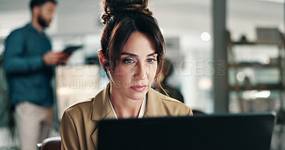 Buy stock photo Woman, designer and night with laptop in office for project deadline, tight schedule or tasks. Female person, web design or working late with computer for company agenda or development in workplace