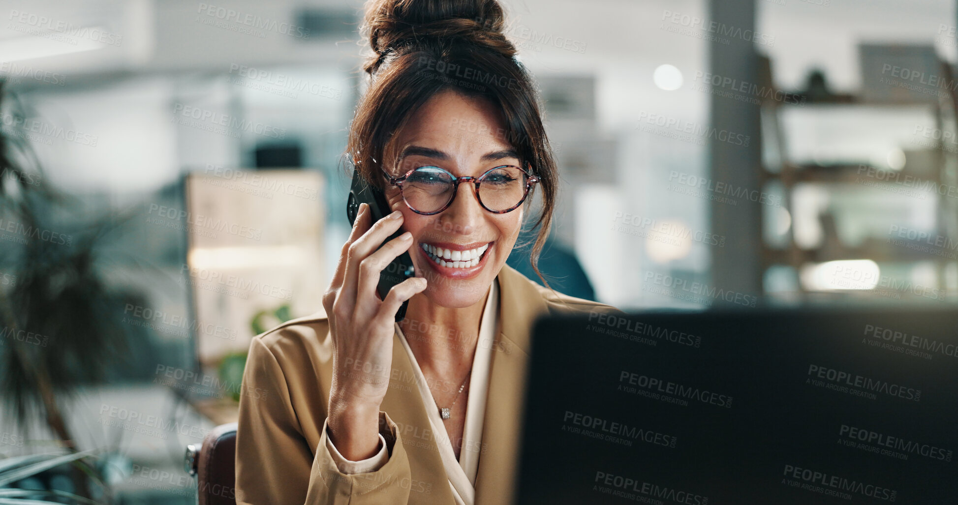 Buy stock photo Phone call, investor and woman in office, laptop and email for online investment. Mature person, professional and financial advisor in workplace, pc and cellphone for communication and profit growth
