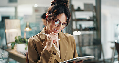 Buy stock photo Thinking, media agency and woman in office, tablet for online article and reflection with stylus. Mature person, copywriting or journalist in workplace, tech and ideas for story plan or news report