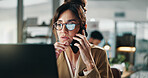 Investor, phone call and woman with glasses, laptop for investment and audit for revenue. Mature person, profit growth review and financial advisor in workplace, eyewear and reflection with cellphone