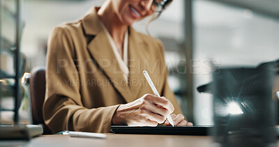Buy stock photo Hands, tablet and drawing with pen in office for graphic design process with smile at startup company. Woman, designer and happy with tech, stylus or editing sketch on application at digital agency