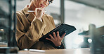 Thinking, media agency and woman with hands, tablet for online article and reflection for news report. Mature person, copywriting or journalist in workplace, tech and ideas for story plan or stylus