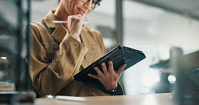 Buy stock photo Thinking, media agency and woman with hands, tablet for online article and reflection for news report. Mature person, copywriting or journalist in workplace, tech and ideas for story plan or stylus