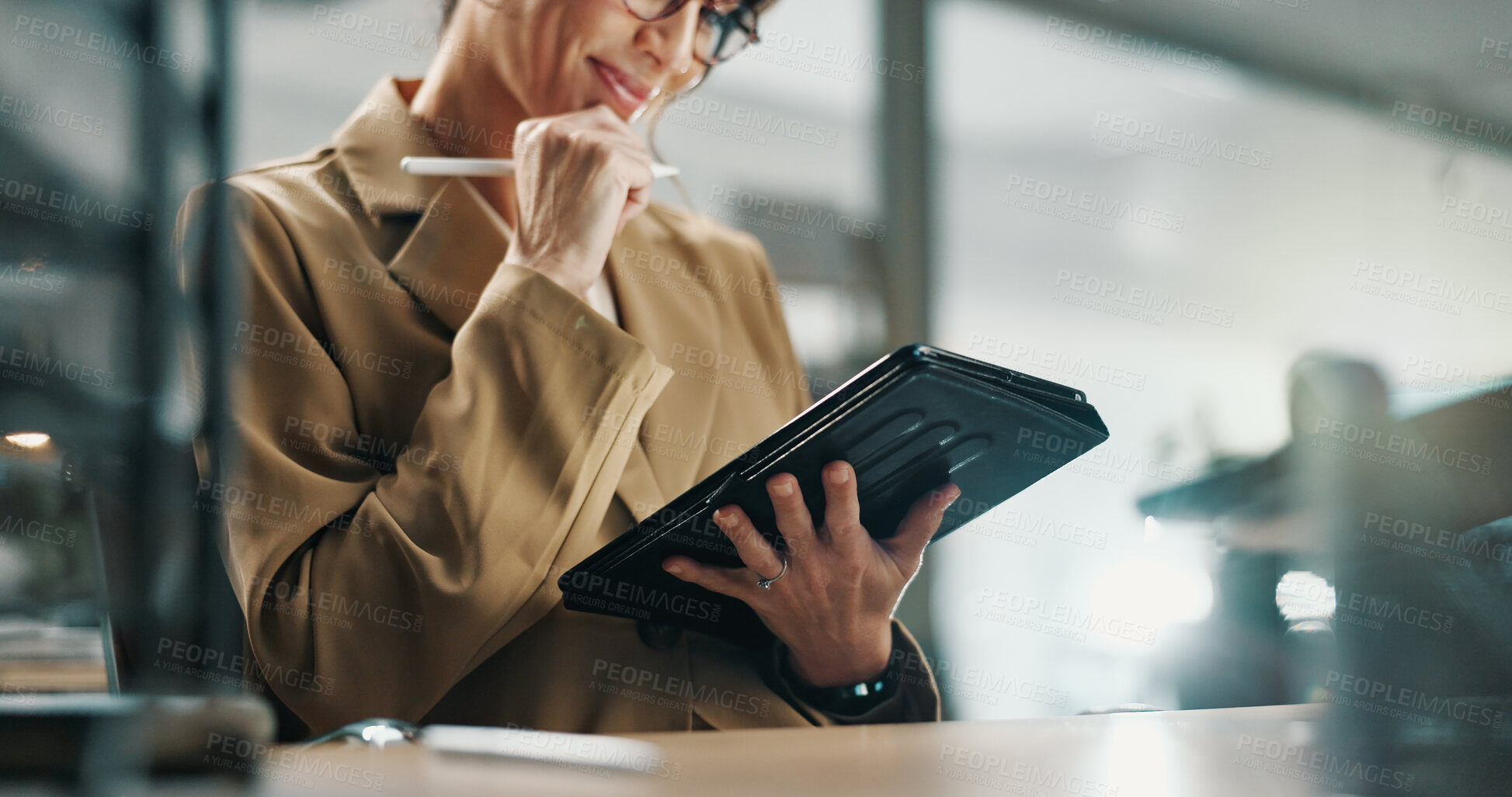 Buy stock photo Thinking, media agency and woman with hands, tablet for online article and reflection for news report. Mature person, copywriting or journalist in workplace, tech and ideas for story plan or stylus