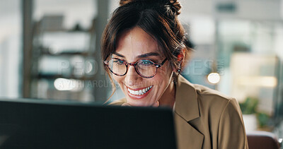 Buy stock photo Laptop, smile and planning with business woman in office for research, email marketing and journalist. Newsletter subscription, online editor and columnist with mature person in creative agency