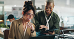Meeting, teamwork and laptop with business people in office for web design, planning and target audience research. Collaboration, advice and project with employees in creative agency for smile