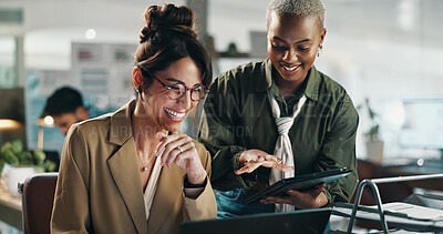 Buy stock photo Meeting, teamwork and laptop with business people in office for web design, planning and target audience research. Collaboration, advice and project with employees in creative agency for smile