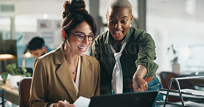 Buy stock photo Planning, team and laptop with business people in office for excited, smile and audience research. Collaboration, advice and project with employees in creative agency for meeting on brand awareness