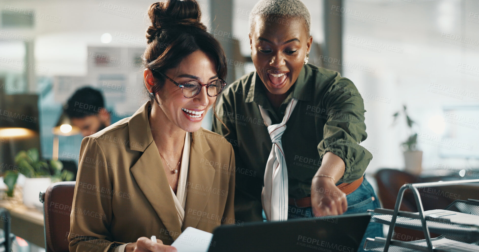 Buy stock photo Planning, team and laptop with business people in office for excited, smile and audience research. Collaboration, advice and project with employees in creative agency for meeting on brand awareness