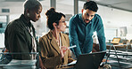 Advice, teamwork and laptop with business people in office for web design, planning and target audience research. Collaboration, idea and project with employees in creative agency for meeting