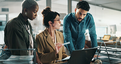 Buy stock photo Advice, teamwork and laptop with business people in office for web design, planning and target audience research. Collaboration, idea and documents with employees in creative agency for meeting