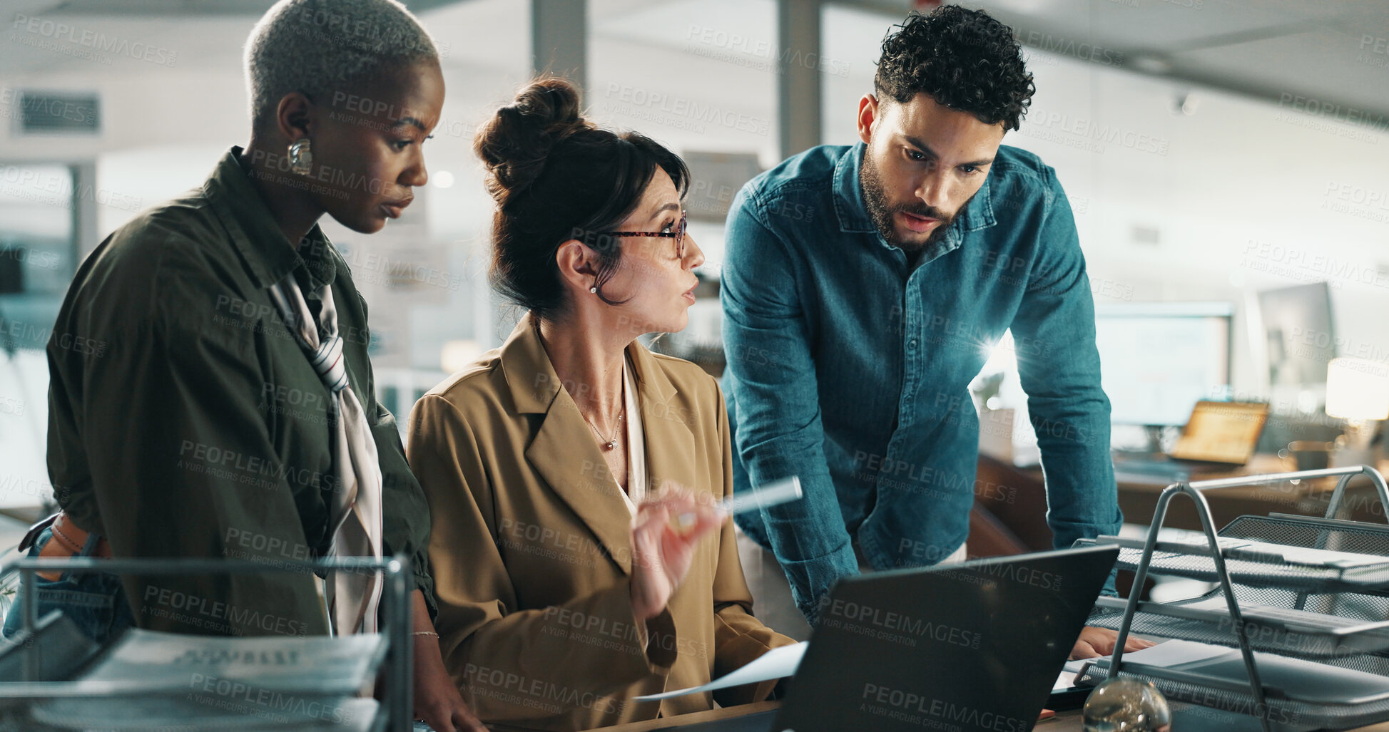 Buy stock photo Advice, teamwork and laptop with business people in office for web design, planning and target audience research. Collaboration, idea and documents with employees in creative agency for meeting