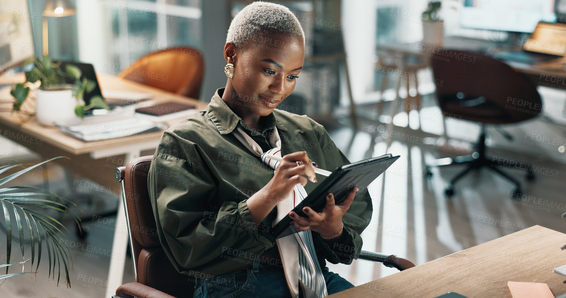 Buy stock photo Black woman, tablet and drawing with pen in office for graphic design process with smile at startup company. Person, designer and happy with tech, stylus or editing sketch on app at digital agency