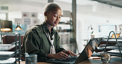 Buy stock photo Laptop, typing and research with business black woman in office for planning, email marketing and journalist. Newsletter subscription, online editor and columnist with person in creative agency