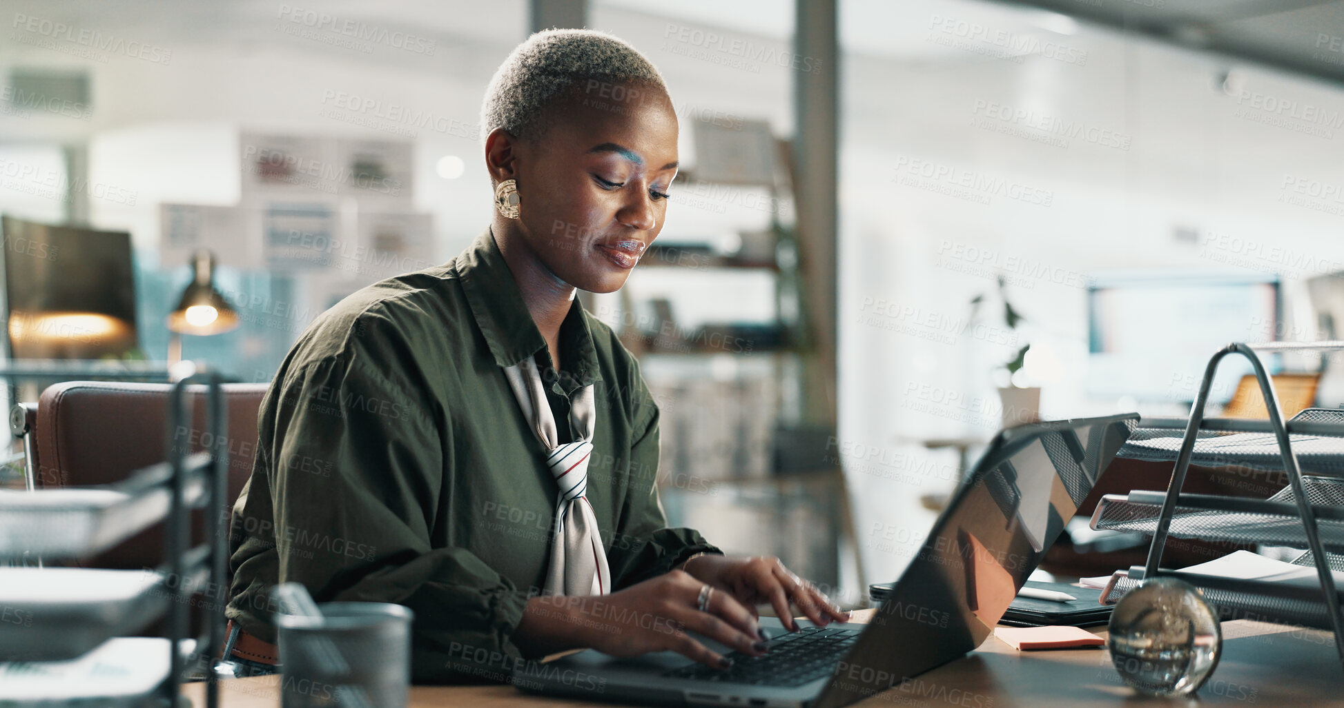 Buy stock photo Laptop, typing and research with business black woman in office for planning, email marketing and journalist. Newsletter subscription, online editor and columnist with person in creative agency