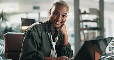Buy stock photo Laptop, portrait and research with business black woman in office for planning, email marketing and journalist. Newsletter subscription, online editor and columnist with person in creative agency