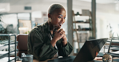 Buy stock photo Laptop, surprise and research with business black woman in office for success, email marketing and journalist. Newsletter winner, online editor and columnist shock with person in creative agency