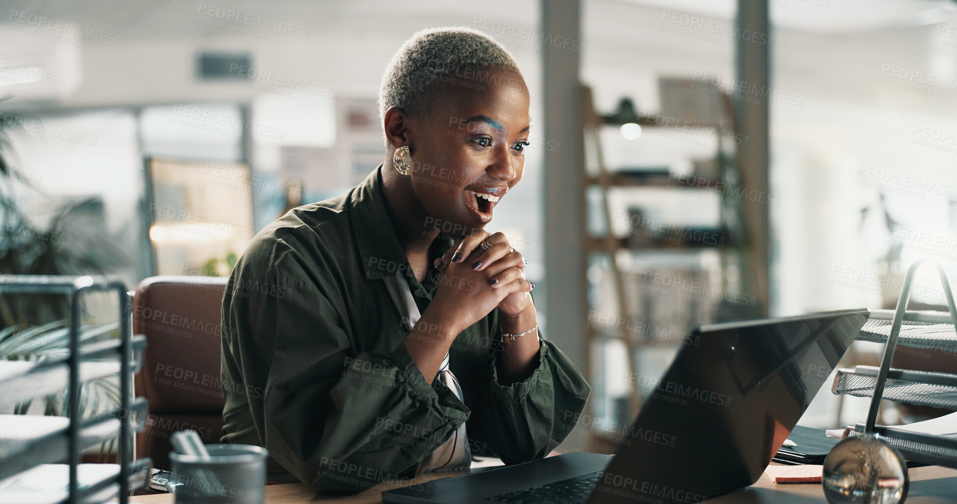 Buy stock photo Laptop, surprise and research with business black woman in office for success, email marketing and journalist. Newsletter winner, online editor and columnist shock with person in creative agency