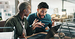 Shock, teamwork and laptop with business people in office for web design, planning and target audience research. Collaboration, surprise and project with employees in creative agency for meeting