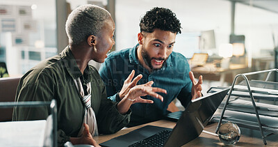 Buy stock photo Shock, teamwork and laptop with business people in office for web design, planning and target audience research. Collaboration, surprise and project with employees in creative agency for meeting