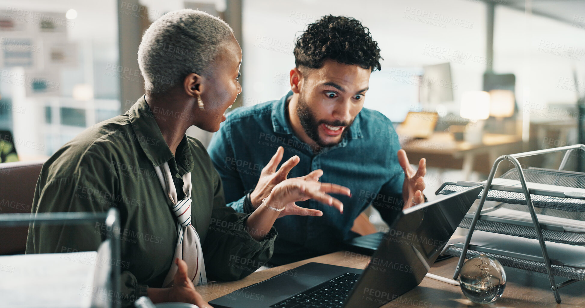 Buy stock photo Shock, teamwork and laptop with business people in office for web design, planning and target audience research. Collaboration, surprise and project with employees in creative agency for meeting