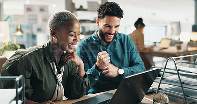 Buy stock photo Excited, teamwork and laptop with business people in office for goal, planning and target audience research. Collaboration, success and bonus project with employees in creative agency for meeting
