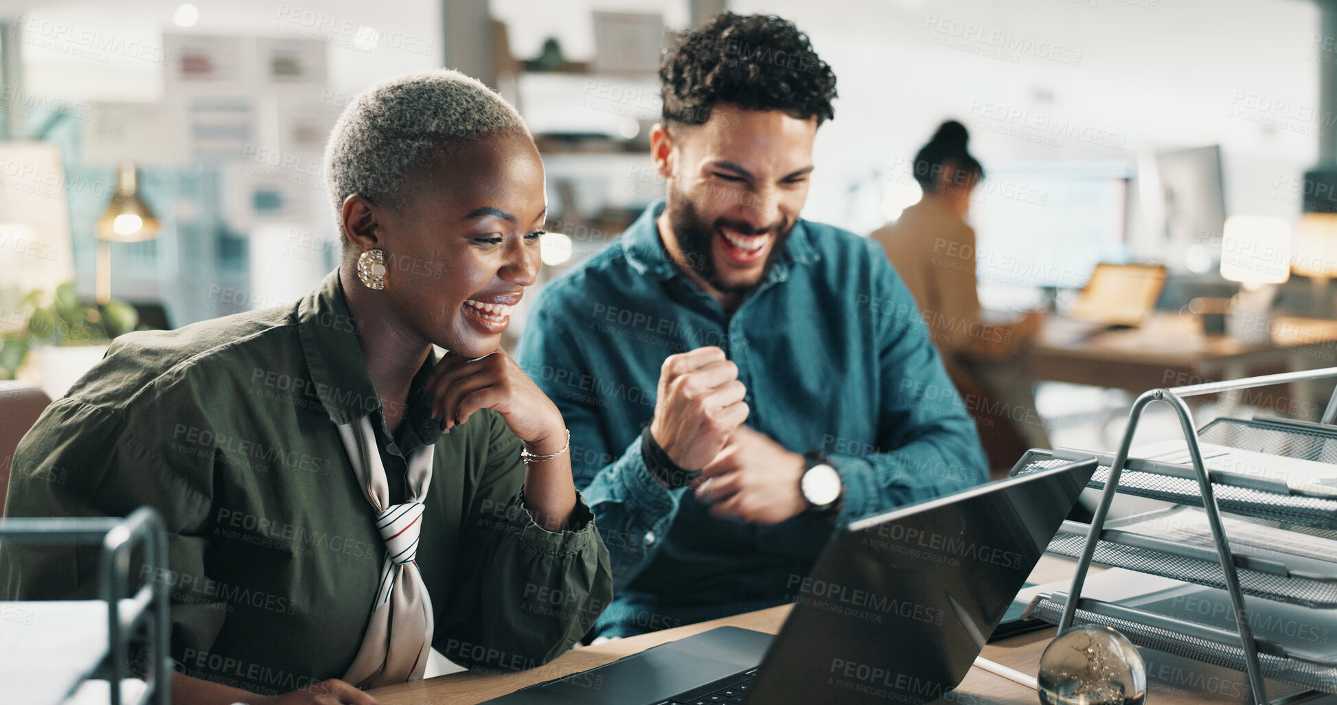 Buy stock photo Excited, teamwork and laptop with business people in office for goal, planning and target audience research. Collaboration, success and bonus project with employees in creative agency for meeting