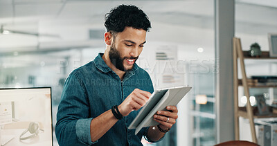 Buy stock photo Happy man, tablet and typing with project in office for graphic design process with scroll at startup company. Person, designer and smile with tech, notes or editing sketch on app at digital agency