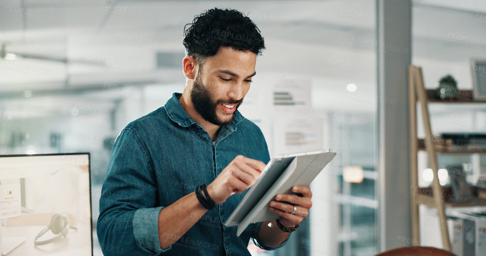 Buy stock photo Happy man, tablet and typing with project in office for graphic design process with scroll at startup company. Person, designer and smile with tech, notes or editing sketch on app at digital agency