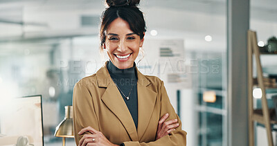Buy stock photo Investor, portrait and woman in office, arms crossed for career ambition and happiness. Mature person, employee and financial advisor in workplace, pride and about us for trading agency and smile