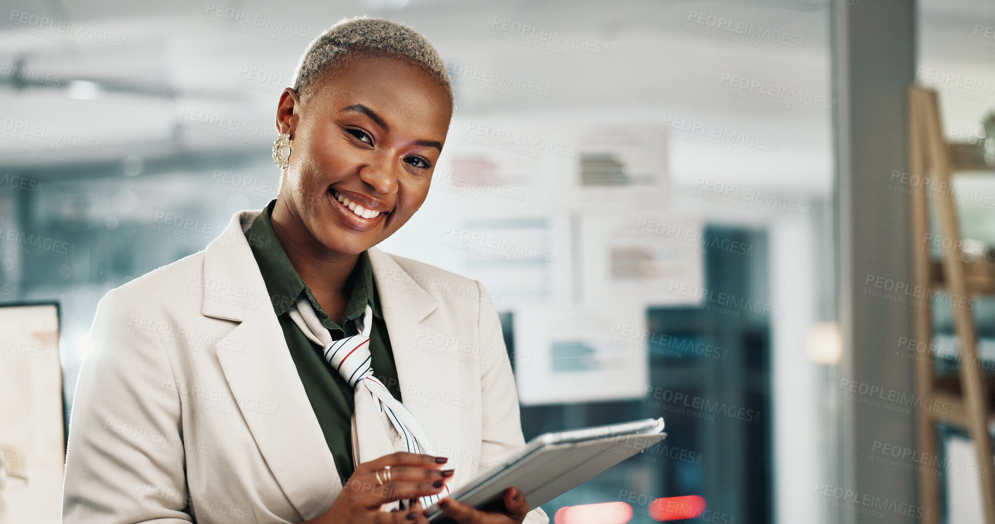 Buy stock photo Black woman, tablet and smile with portrait in office for graphic design project at startup company. African person, designer and happy with tech, notes or editing on app at digital agency in Kenya