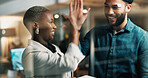 Happy people, night and business with high five in office for teamwork or deadline success. Businessman, woman or colleagues working late with smile for achievement, promotion or winning together