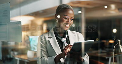 Buy stock photo Black woman, tablet and typing at window in office for graphic design, project or scroll at startup company. Person, designer and smile with tech, notes or editing proposal on app at digital agency