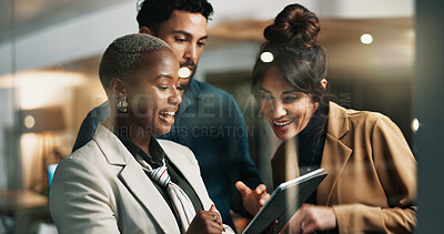 Buy stock photo Business people, tablet and team at window in office for planning, project or feedback at startup company. Women, man and group by glass with tech, notes or proposal on application at digital agency