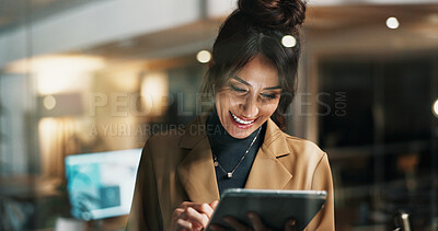 Buy stock photo Woman, tablet and happy at window in office for review, night and feedback at startup company. Person, smile and editor with solution by glass with tech, proposal and application at media agency