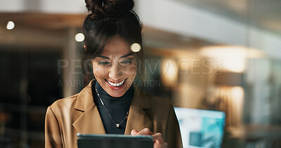 Buy stock photo Woman, tablet and smile at window in office for review, night and feedback at startup company. Person, happy and editor with solution by glass with tech, proposal and application at media agency