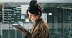 Happy woman, planning and night with tablet in office for business project, tasks or agenda. Female person, analyst or working late with smile on technology for corporate imporvement or development