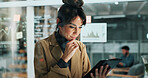Business, woman or thinking with tablet in office for campaign idea, KPI data or coworking. Marketing chart, mature person or tech at night to track user behavior, competitor analysis or SEO solution
