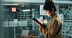 Woman, planning and night with tablet in office for business finance, analytics or statistics. Female person, analyst or working late with technology or brainstorming for company income or profit