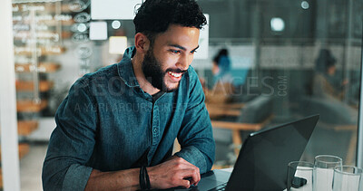 Buy stock photo Media agency, smile and man in office, laptop for online news report and email for positive review. Person, copywriting and journalist in workplace, pc and research for article and magazine column