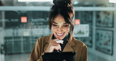 Buy stock photo Thinking, creative agency and woman in office, tablet for online article and reflection with stylus. Mature person, smile or journalist in workplace, tech and ideas for story plan or news report