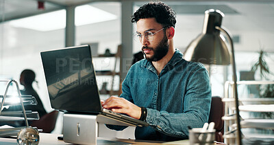 Buy stock photo Creative agency, laptop and man with internet, online reading or deadline for article. Person, email or journalist in office, pc or research for news report, copywriting or subscription for magazine