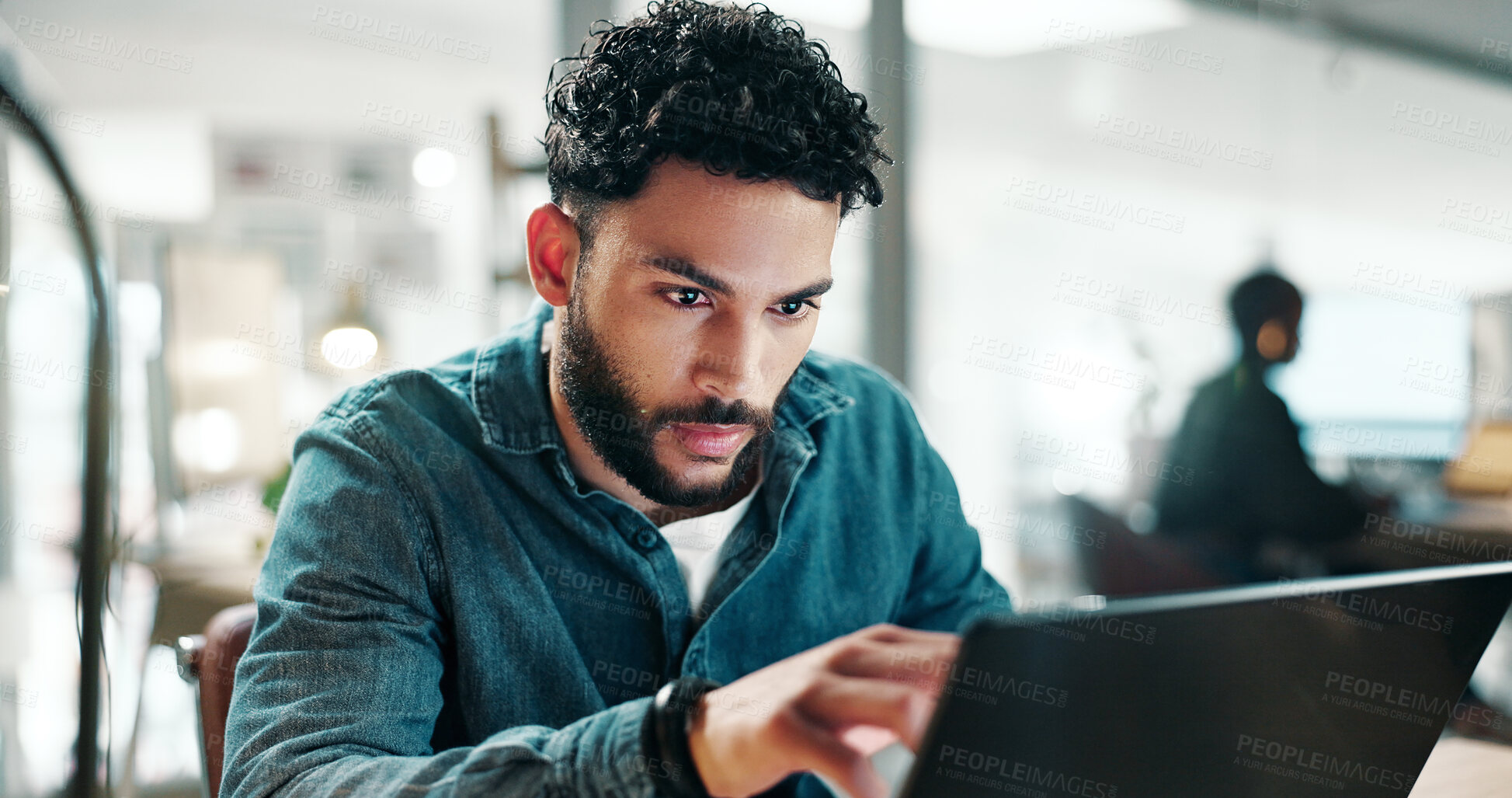 Buy stock photo Laptop, reading or business man in office for newsletter, coworking or copywriting research with ads. Computer, person and copywriter at work to review blog, creative campaign and email marketing
