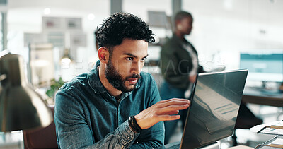 Buy stock photo Laptop, reading or business man in creative office for newsletter, story or copywriting with ads. Computer, person and copywriter in workplace for coworking, campaign research and email marketing