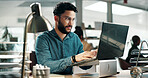 Laptop, typing or business man in office for newsletter, creative story or copywriting with ads. Computer, person and copywriter in workplace for editing research, coworking and email marketing
