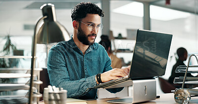 Buy stock photo Laptop, typing or business man in office for newsletter, creative story or copywriting with ads. Computer, person and copywriter in workplace for editing research, coworking and email marketing