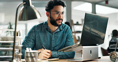 Buy stock photo Reading, planning or man with laptop in office, feedback notes or app development guidelines for program. Review, pc or developer with idea for ai system integration, feature request email or update