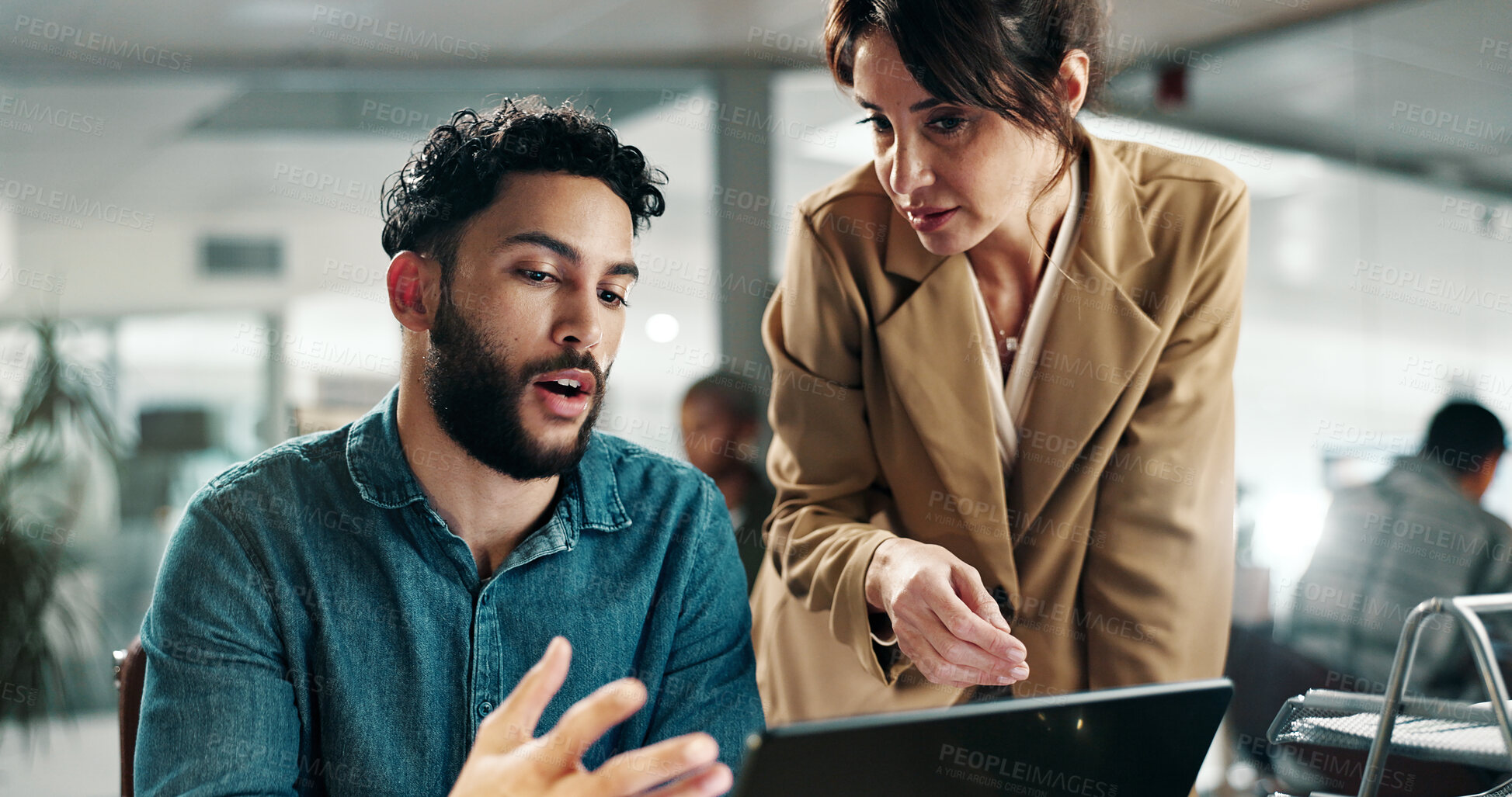 Buy stock photo Man, woman and tablet with discussion at office for review, insight and project at finance company. People, broker and advisor with tech, application or feedback report for asset management at agency