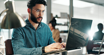 Buy stock photo Reading, typing or man with laptop in office, feedback notes or app development guidelines for program. Review, pc or developer with plan for ai system integration, feature request email or update