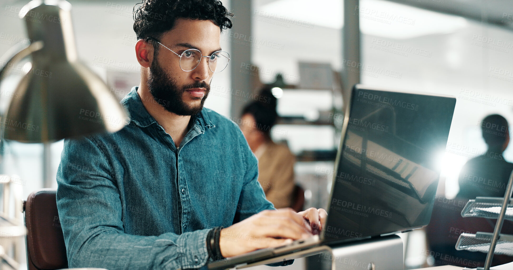 Buy stock photo Reading, typing or man with laptop in office, feedback notes or app development guidelines for program. Review, pc or developer with plan for ai system integration, feature request email or update